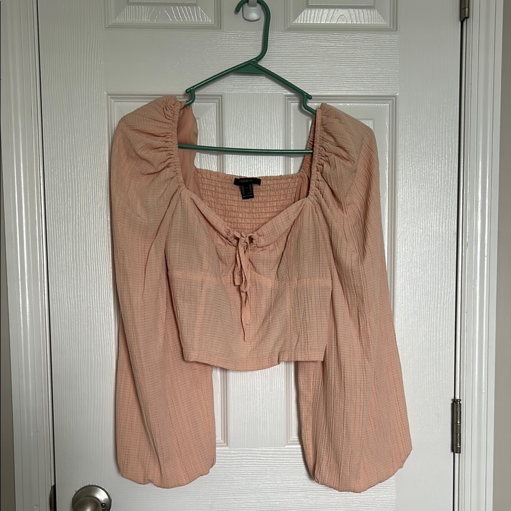 Forever 21 Peach Ruched Tie Front Crop Blouse